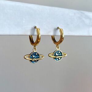 Saturn Ringed Planet Gold Huggie Hoops